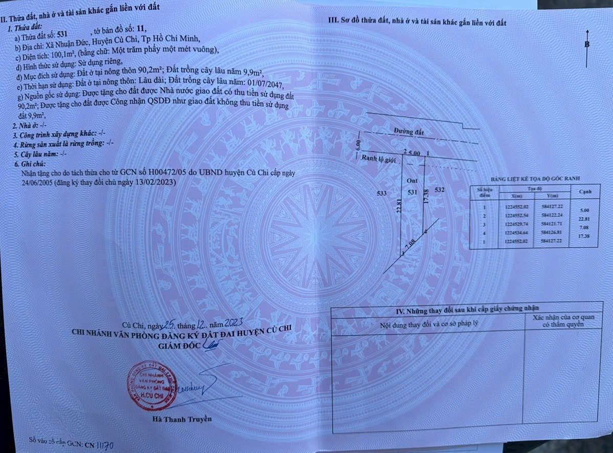 Bán nền thổ cư đường nhựa 1/ tỉnh lộ 15, xã Nhuận Đức dt 110m2 ( 90m2 thổ) giá 1,1 tỷ