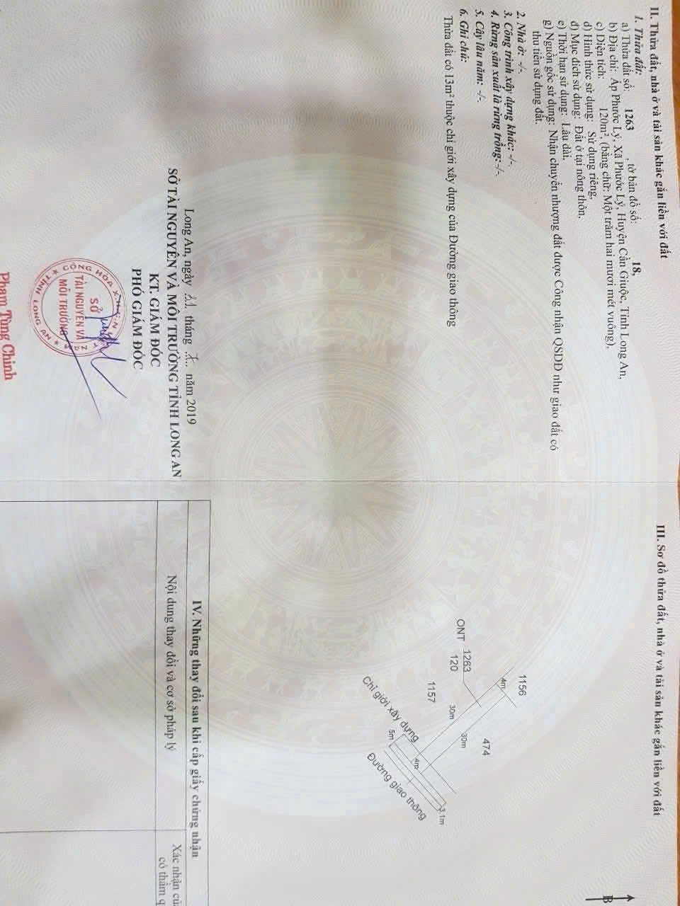 Bán đất thổ cư hẻm xã Phước Lý, Cần Giuộc dt 120m2 giá 1,6 tỷ