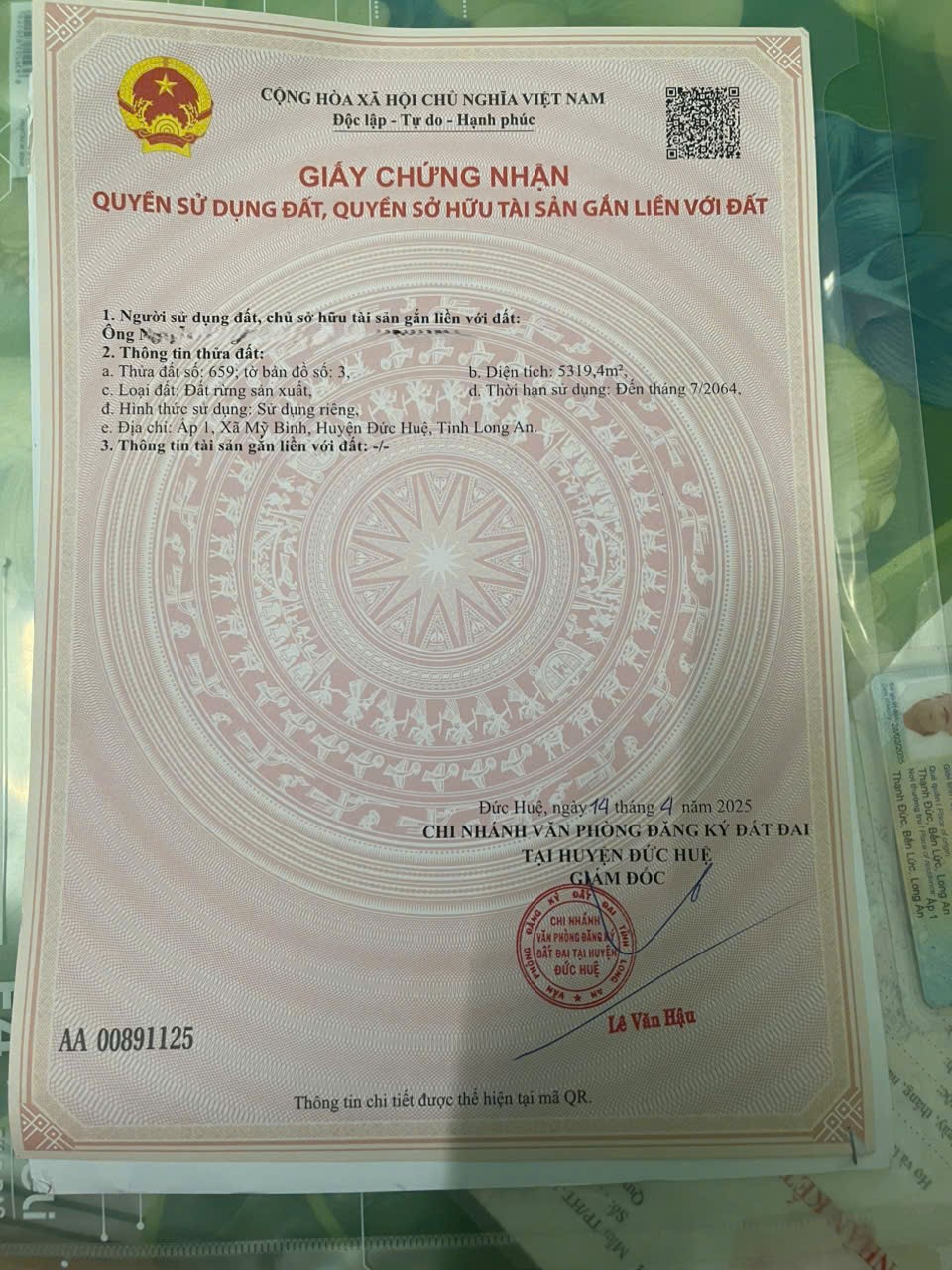 Bán lô đất rừng sản xuất, khu vực chuyển thổ cư 100% xã Mỹ Bình, Đức Huệ dt 5319m2 giá 1,8 tỷ