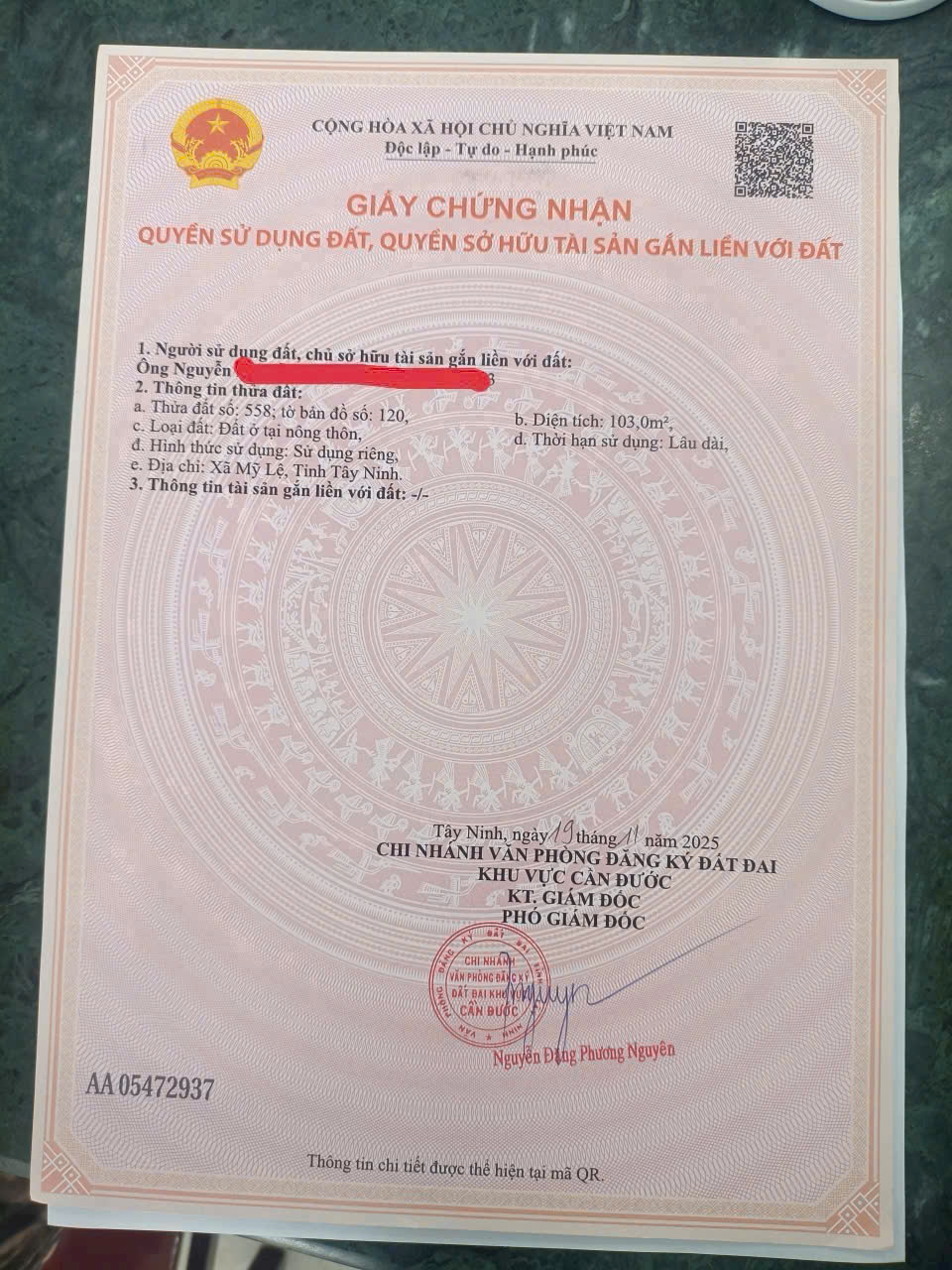 Bán nền thổ cư mt đường liên xã Tân Trạch - Mỹ Lệ , dt 103m2 giá 850 triệu