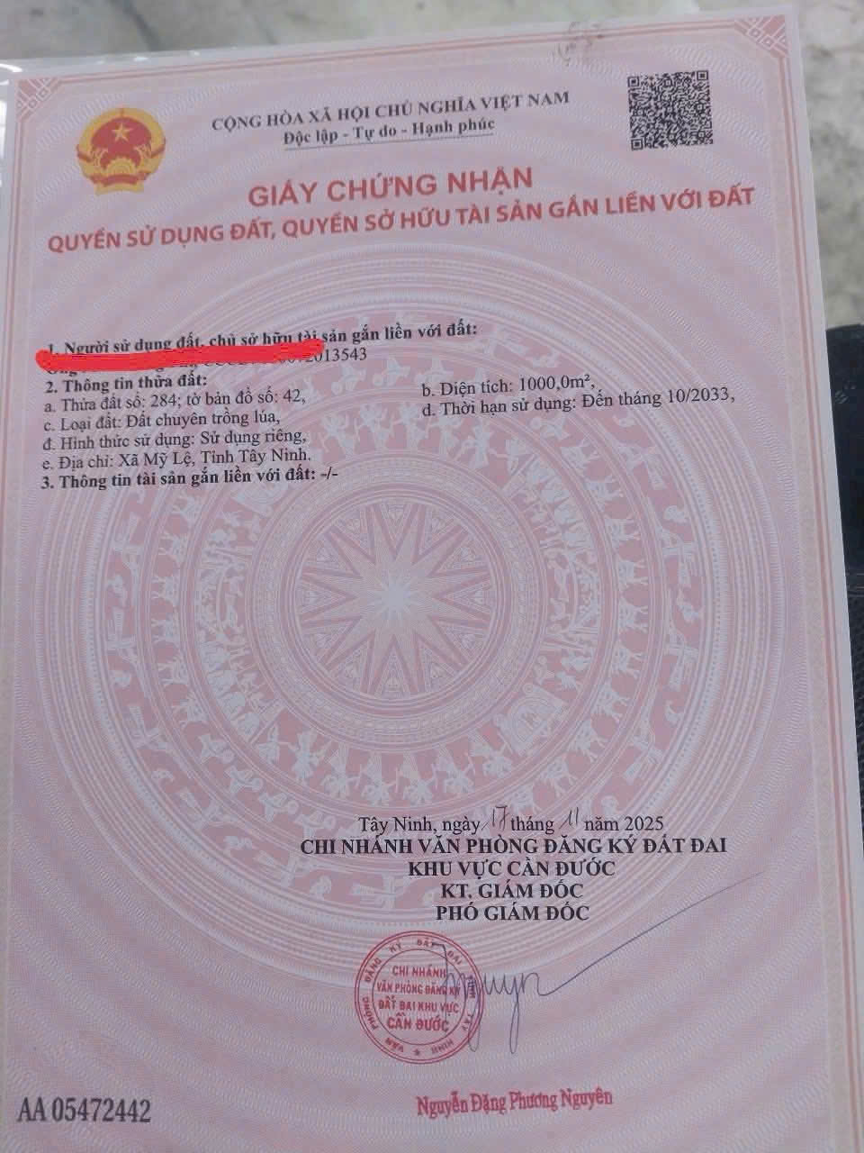 Bán đất lúa mt đường liên xã Tân Trạch - Mỹ Lệ dt 1000m2 giá chốt 2,5 tỷ