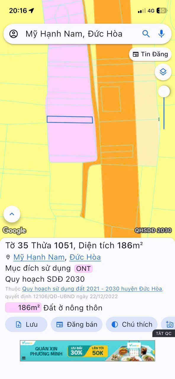 Bán đất thổ cư đường đá xanh oto xã Mỹ Hạnh Nam dt 186m2 giá 1,15 tỷ